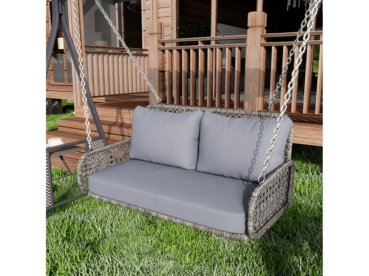 Balançoire suspendue d'extérieur avec coussin et 2 chaînes (240 cm/pièce), coussin amovible et lavable, gris