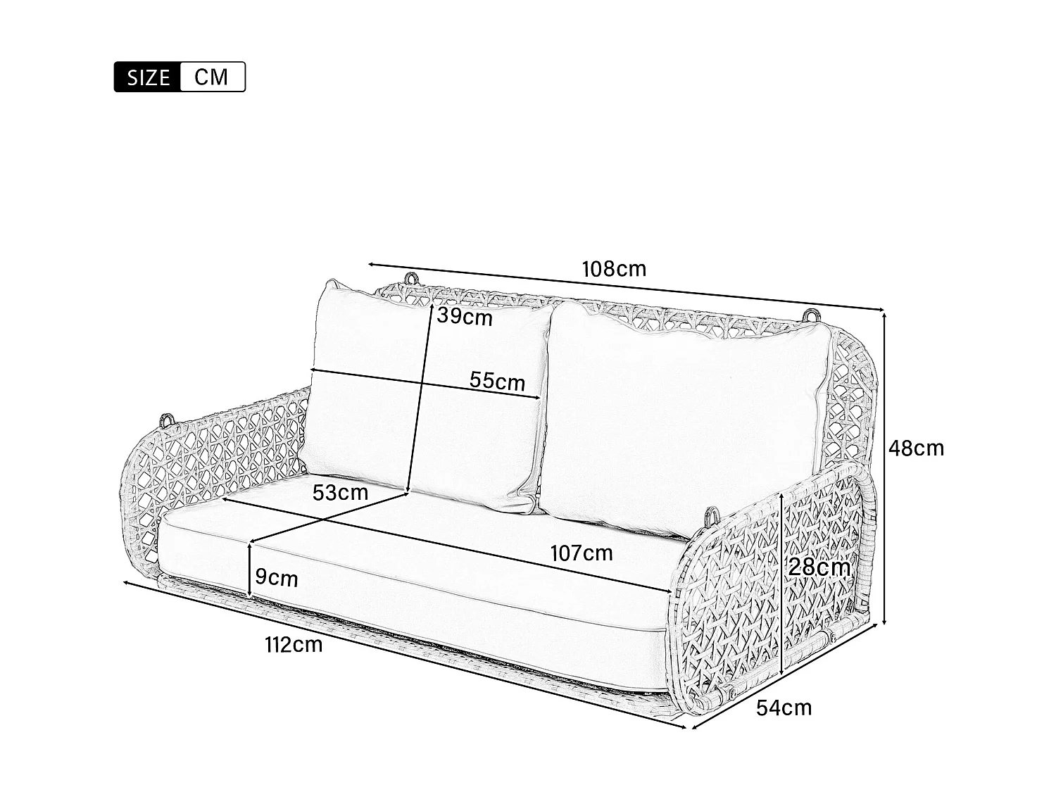 Balançoire suspendue d'extérieur avec coussin et 2 chaînes (240 cm/pièce), coussin amovible et lavable, gris