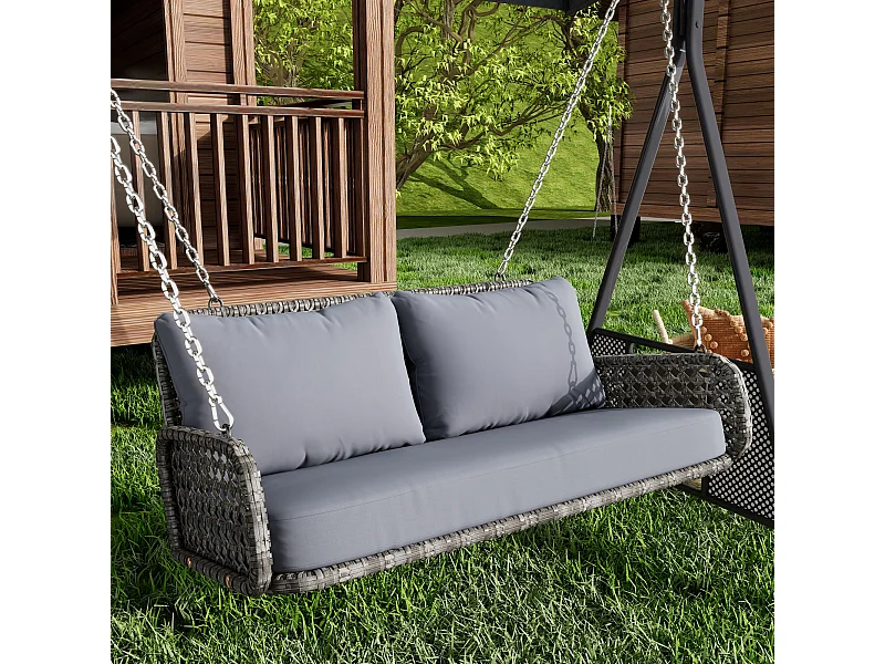 Balançoire suspendue d'extérieur avec coussin et 2 chaînes (240 cm/pièce), coussin amovible et lavable, gris