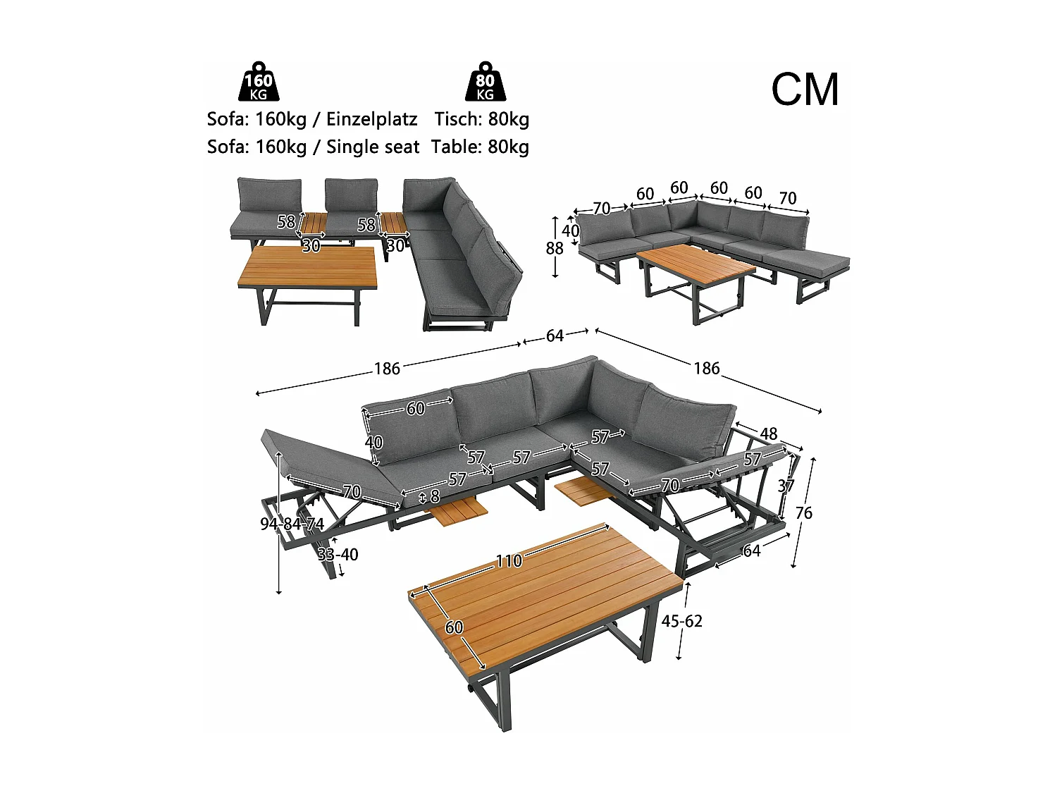 Salon de jardin, gris, 3 pièces avec 2 canapés et table, dossiers réglables, bois d'acacia, table réglable