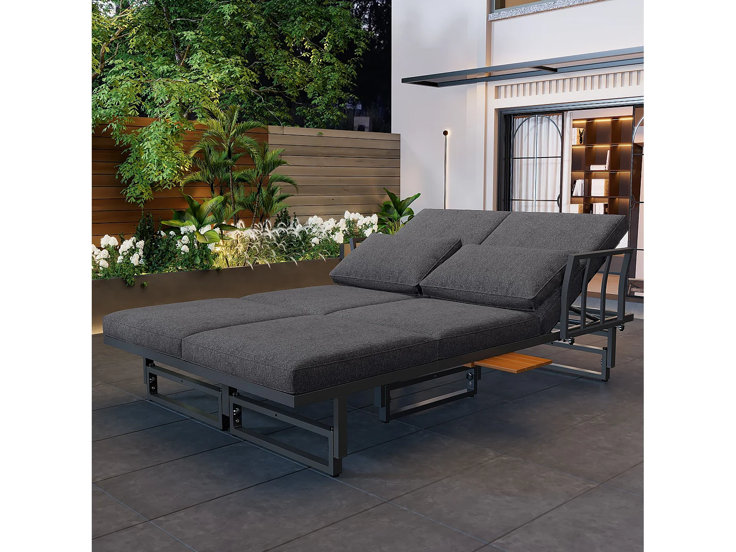 Salon de jardin, gris, 3 pièces avec 2 canapés et table, dossiers réglables, bois d'acacia, table réglable