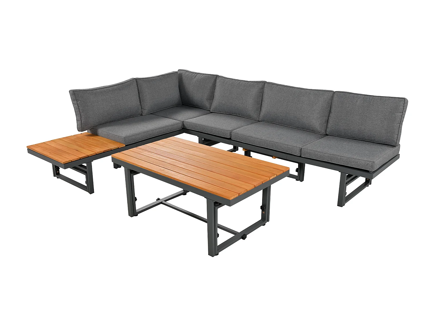 Salon de jardin, gris, 3 pièces avec 2 canapés et table, dossiers réglables, bois d'acacia, table réglable