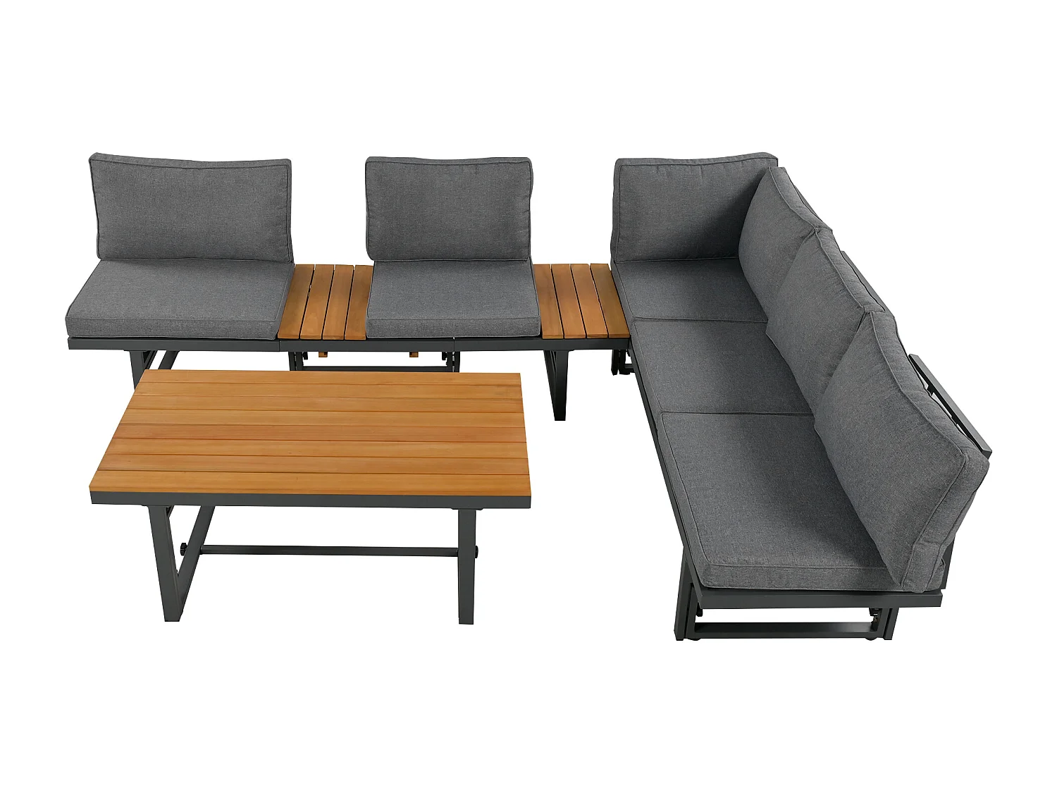 Salon de jardin, gris, 3 pièces avec 2 canapés et table, dossiers réglables, bois d'acacia, table réglable