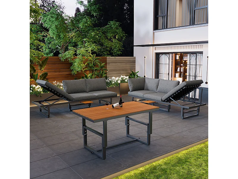 Salon de jardin, gris, 3 pièces avec 2 canapés et table, dossiers réglables, bois d'acacia, table réglable