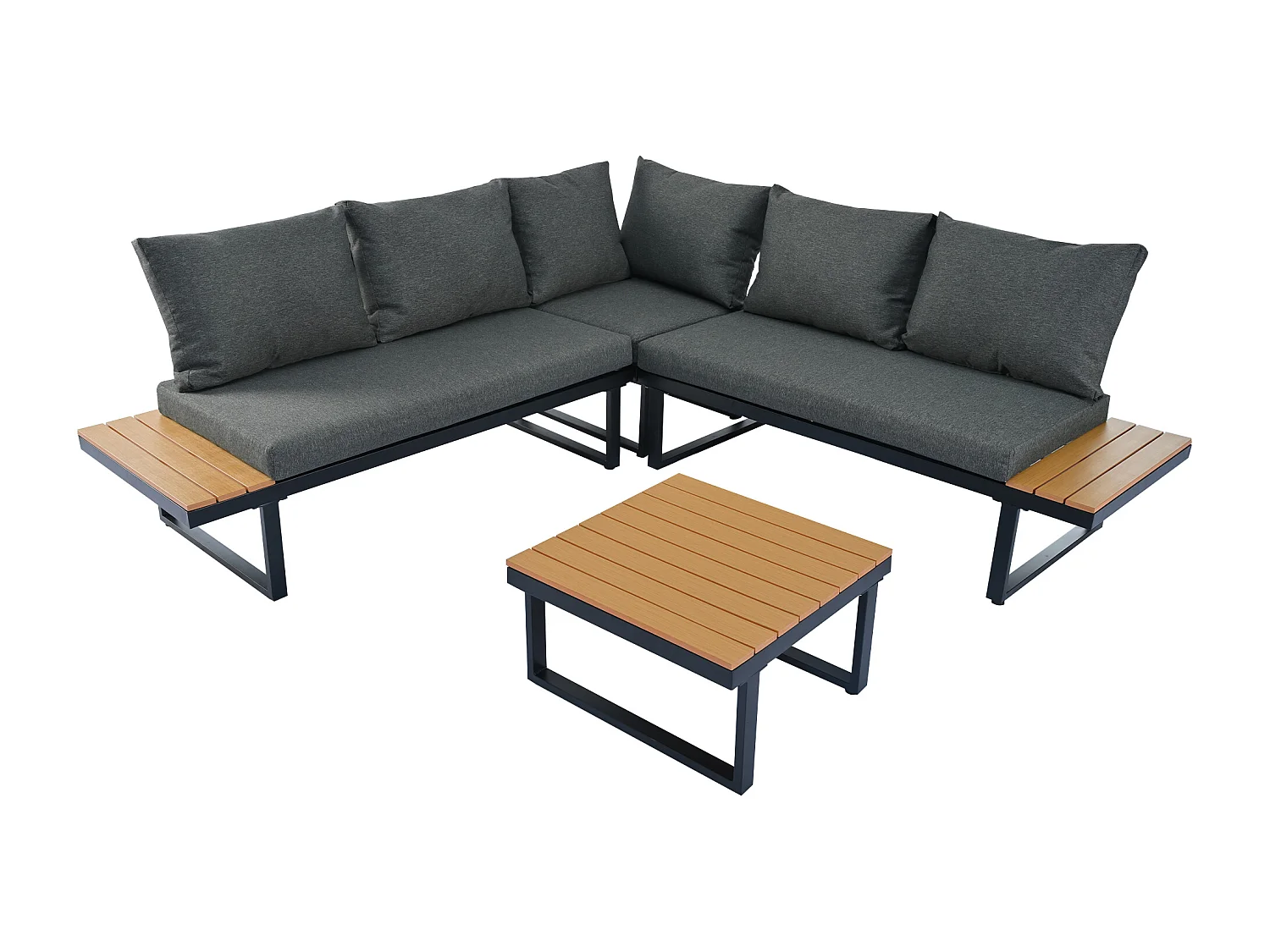 Conjunto de sillón reclinable de jardín, posición esquinera, chaise longue ajustable (5 niveles de ajuste, máx. 55°), con mesa de centro, gris + negro