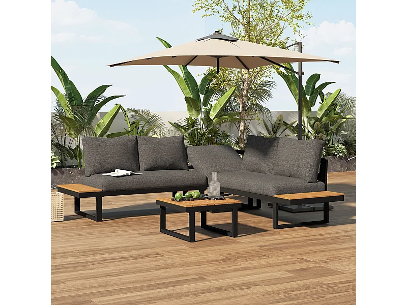 Set di poltrone reclinabili da giardino, posizione angolare, chaise longue regolabile (5 livelli di regolazione, max. 55°), con tavolino, grigio + nero