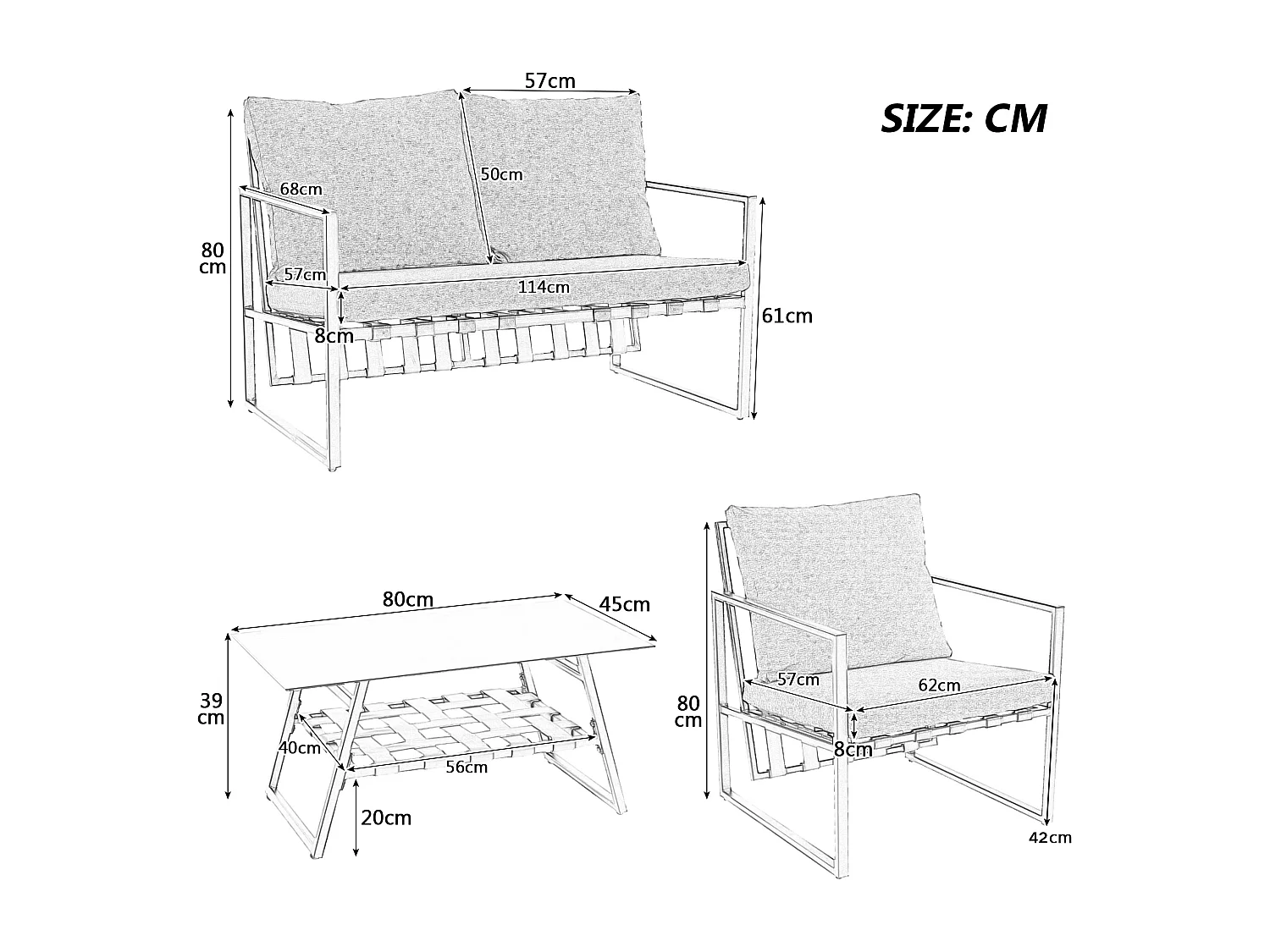 Tuinmeubelset, tuinmeubelset voor 4 personen met bank, salontafel en kussens, afneembare stoffen hoes, zwart