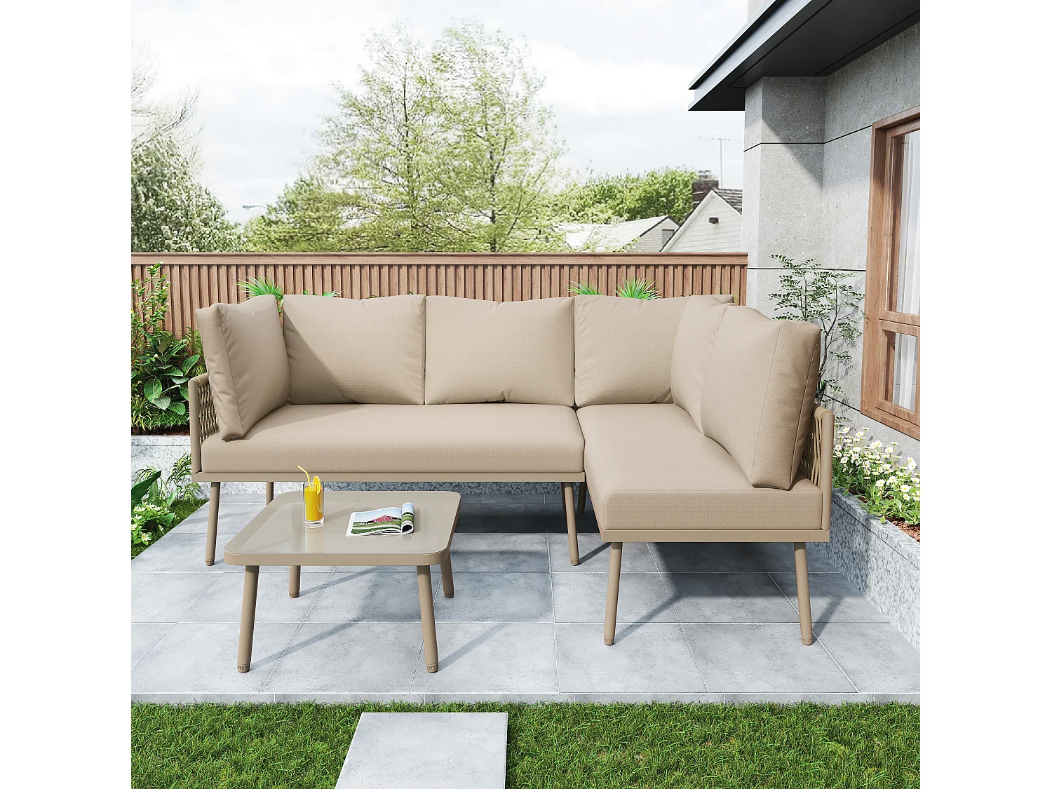 IJzeren tuinmeubelset, L-vormige tuinset met zitkussens, 2 banken en 1 tafel, kleur kaki