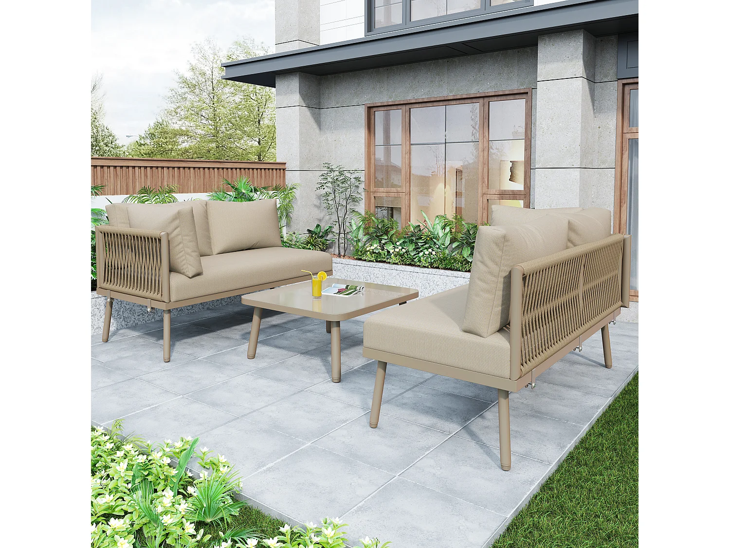 IJzeren tuinmeubelset, L-vormige tuinset met zitkussens, 2 banken en 1 tafel, kleur kaki