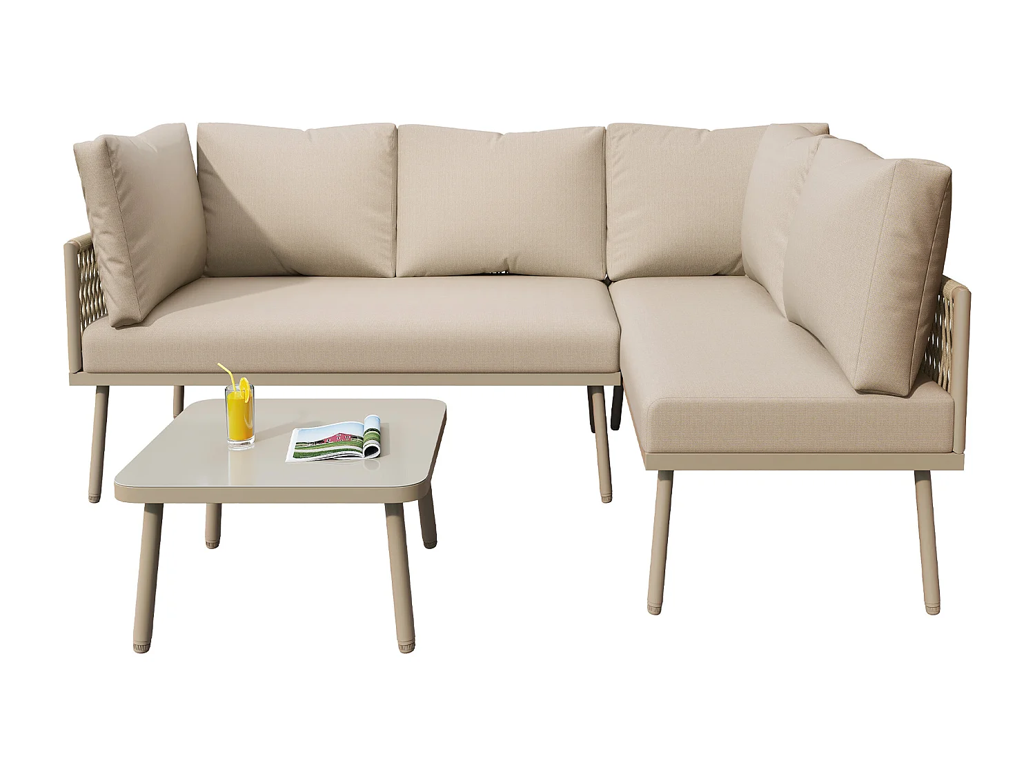 IJzeren tuinmeubelset, L-vormige tuinset met zitkussens, 2 banken en 1 tafel, kleur kaki