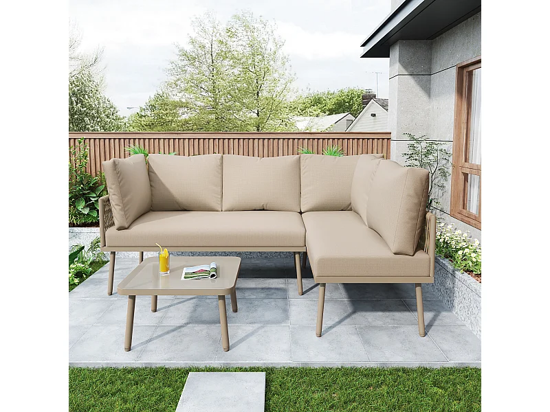 Salon de jardin en fer, salon de jardin en L avec coussins d'assise, 2 canapés et 1 table, couleur kaki