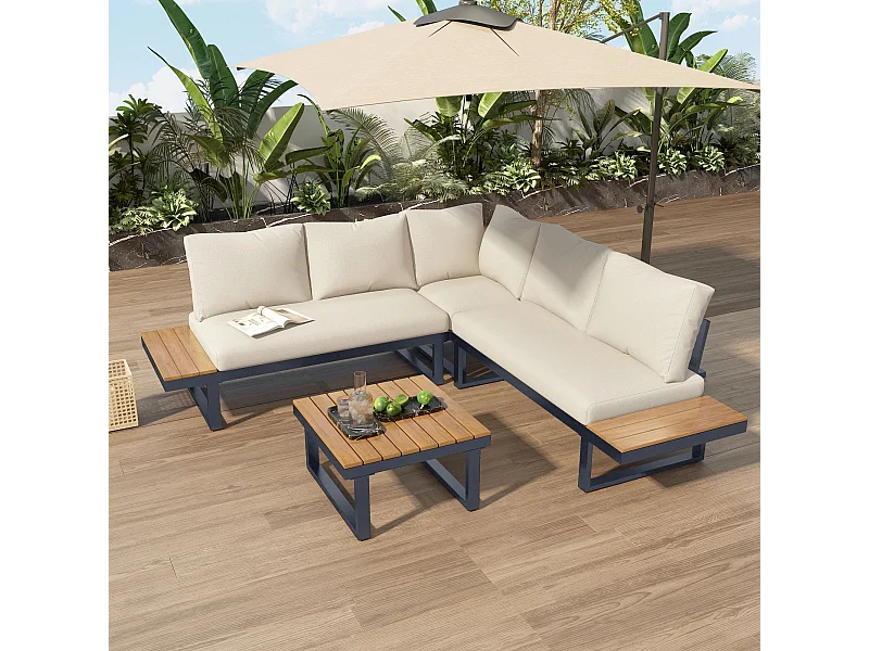 Ensemble de relaxation de jardin, position d'angle, chaise longue réglable (5 niveaux de réglage, max. 55°), avec table basse, gris + beige