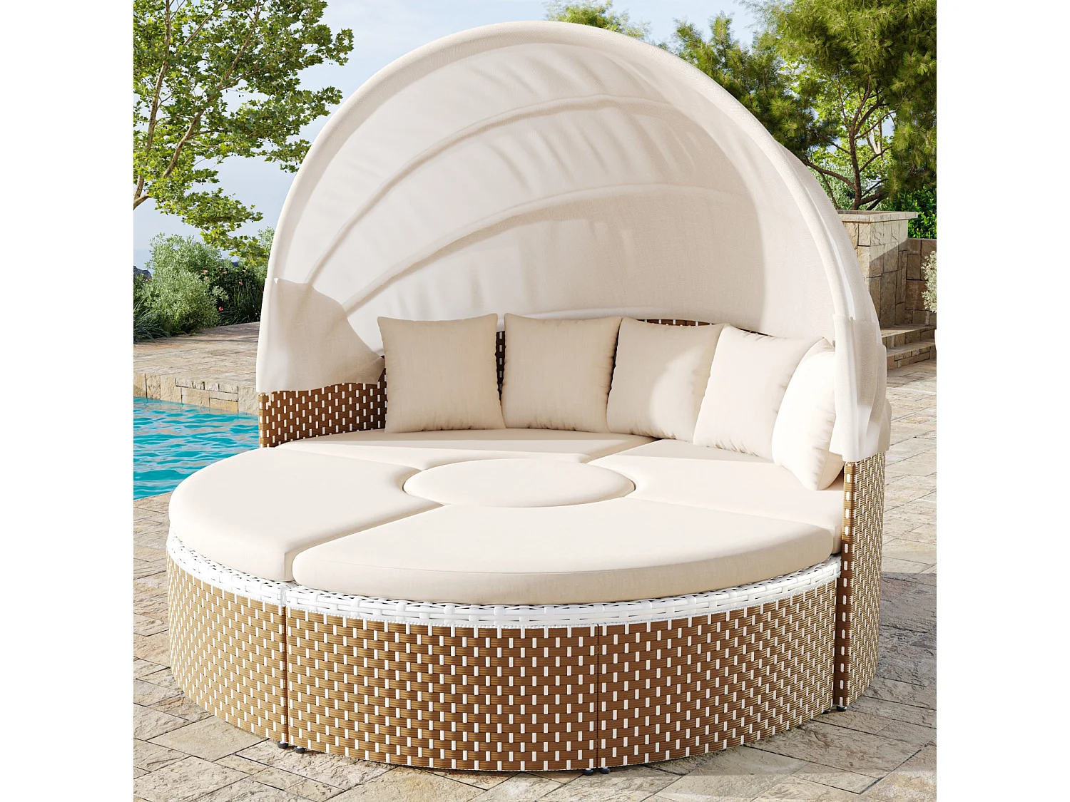 Ensemble de chaises longues de jardin, Sun Island, lit de jardin Shell, auvent rétractable, plateau de table relevable, beige