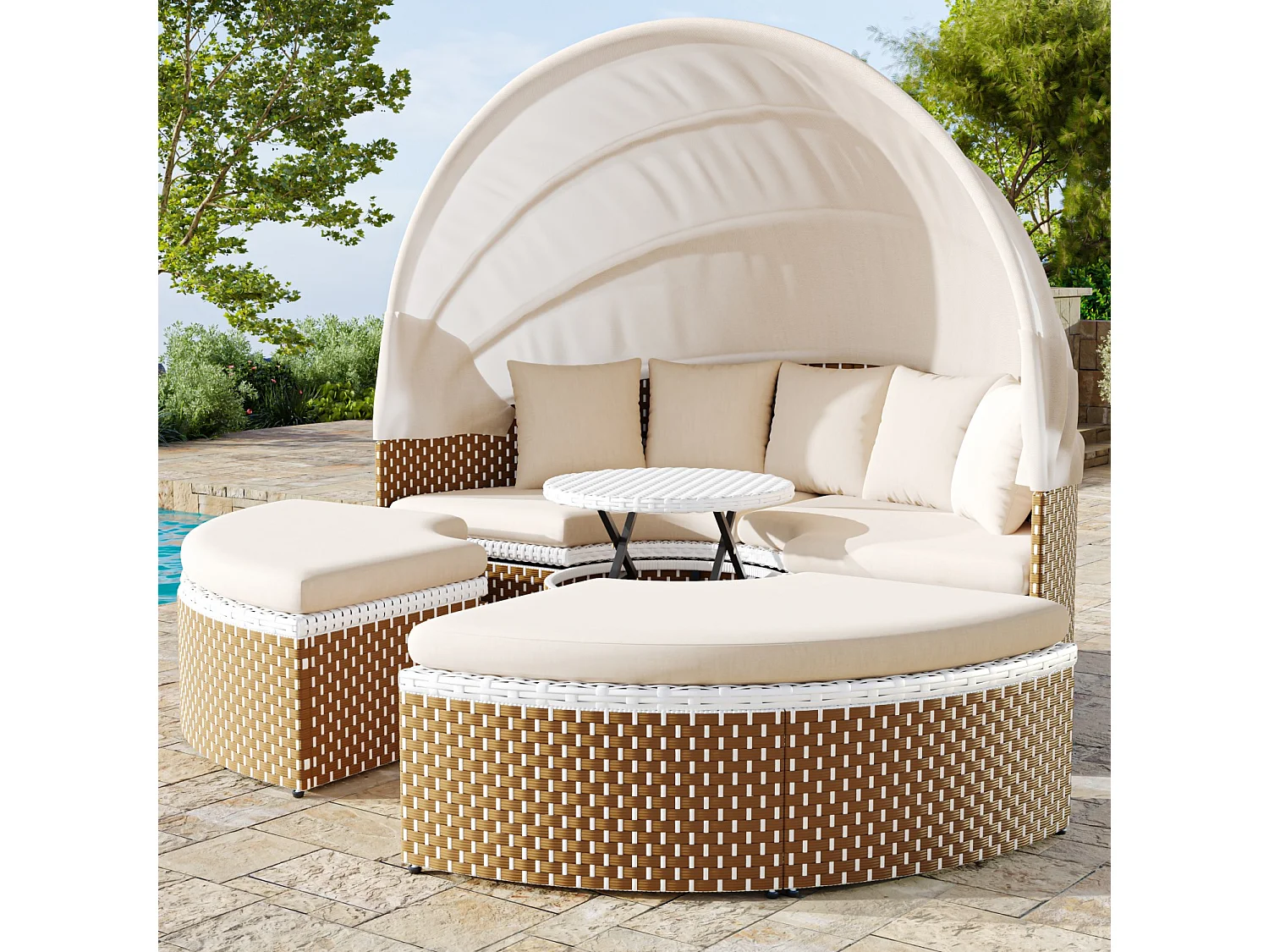 Ensemble de chaises longues de jardin, Sun Island, lit de jardin Shell, auvent rétractable, plateau de table relevable, beige