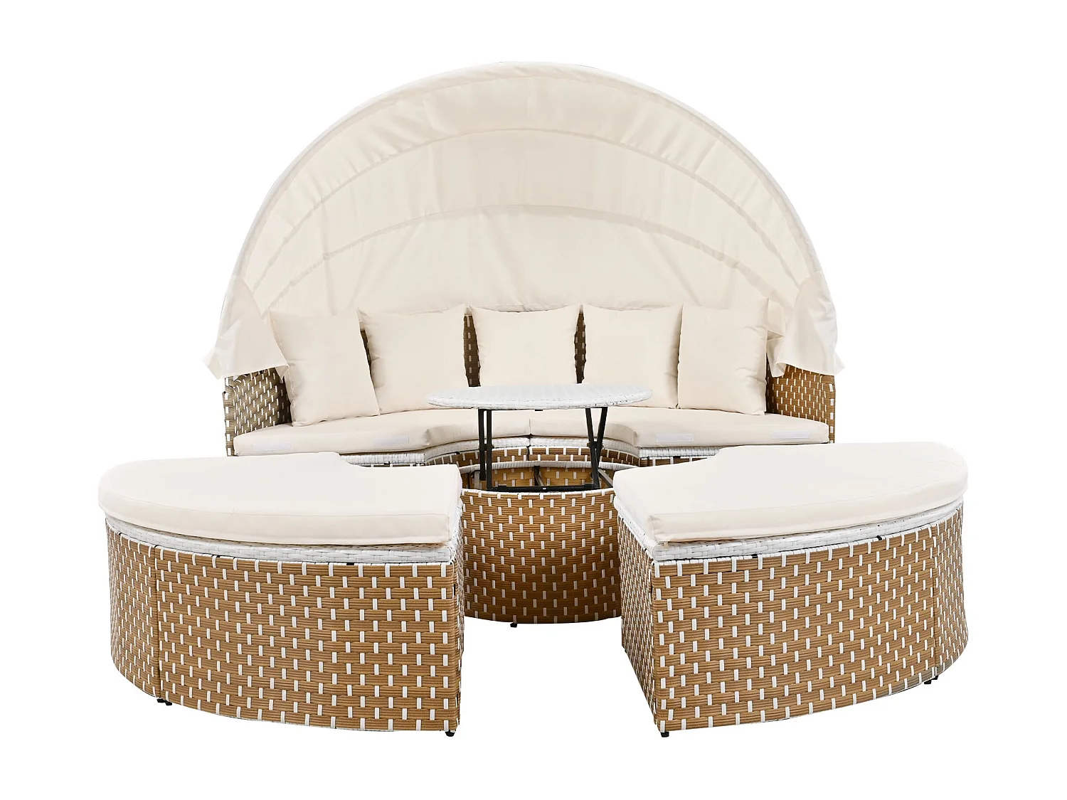 Ensemble de chaises longues de jardin, Sun Island, lit de jardin Shell, auvent rétractable, plateau de table relevable, beige