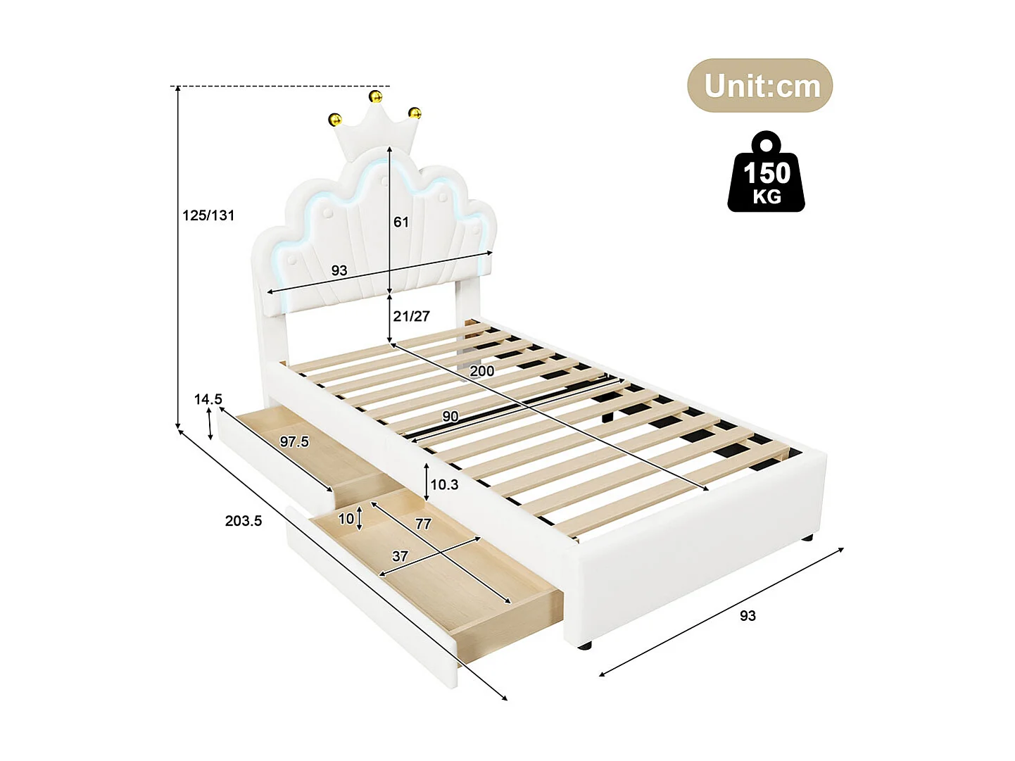 Polsterbett 90 x 200 cm, Ambientebeleuchtung mit Fernbedienung, Bett mit 2 Schubladen, Crown Princess Bett, verstellbares Kopfteil, PU, weiß