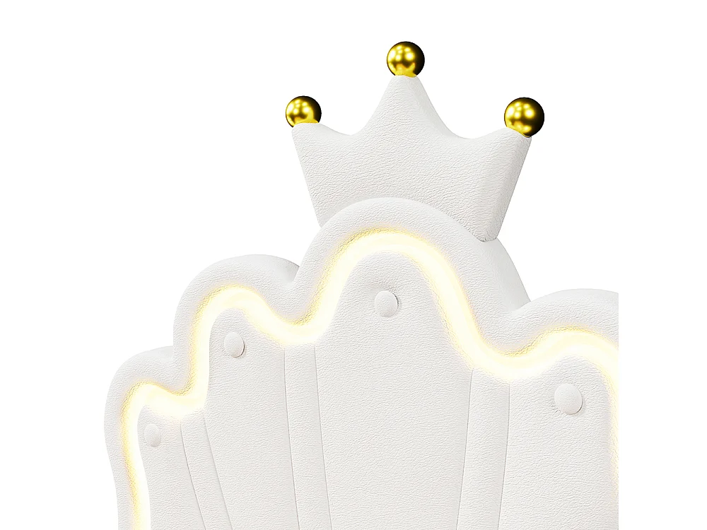 Polsterbett 90 x 200 cm, Ambientebeleuchtung mit Fernbedienung, Bett mit 2 Schubladen, Crown Princess Bett, verstellbares Kopfteil, PU, weiß