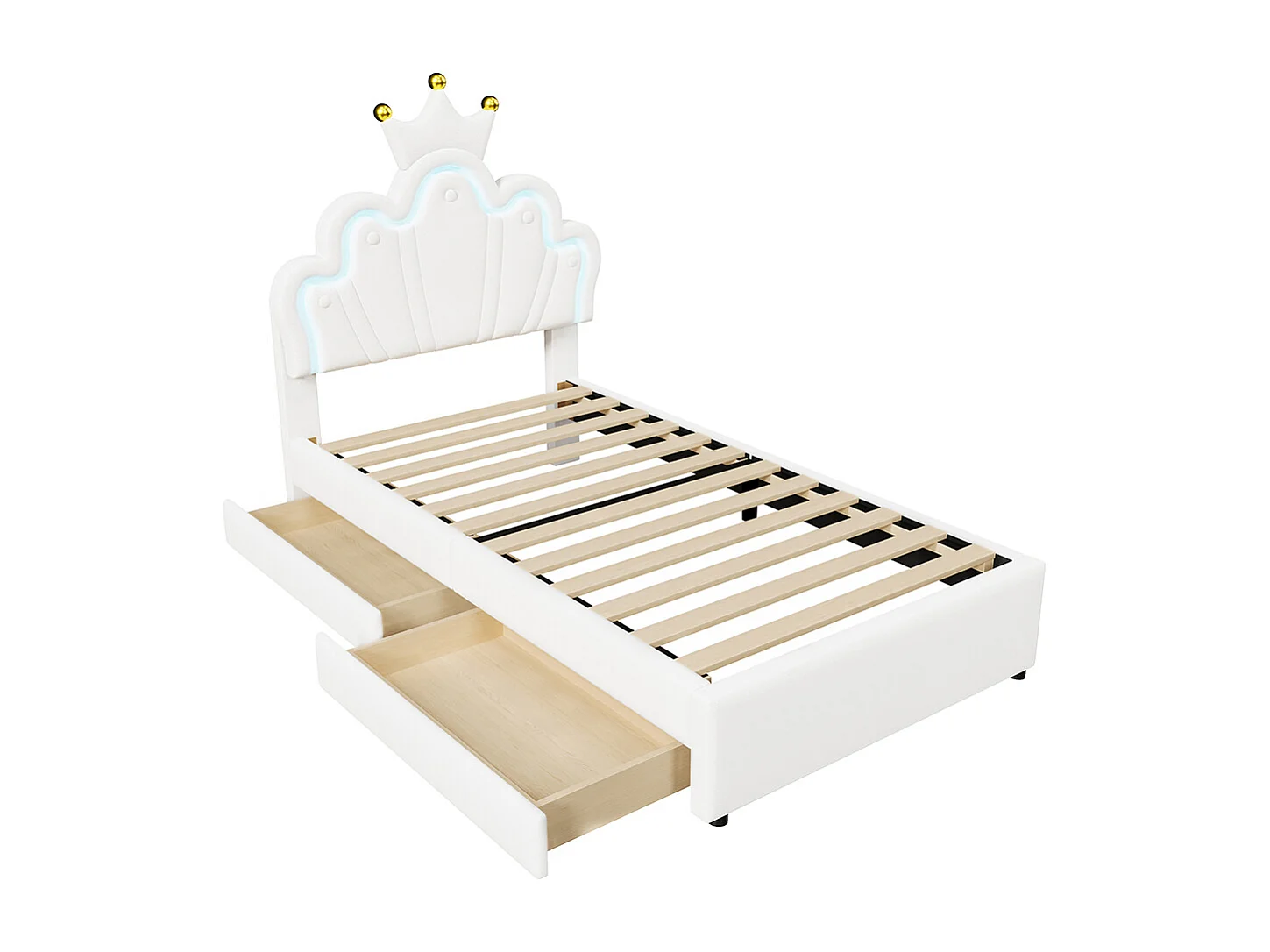 Polsterbett 90 x 200 cm, Ambientebeleuchtung mit Fernbedienung, Bett mit 2 Schubladen, Crown Princess Bett, verstellbares Kopfteil, PU, weiß