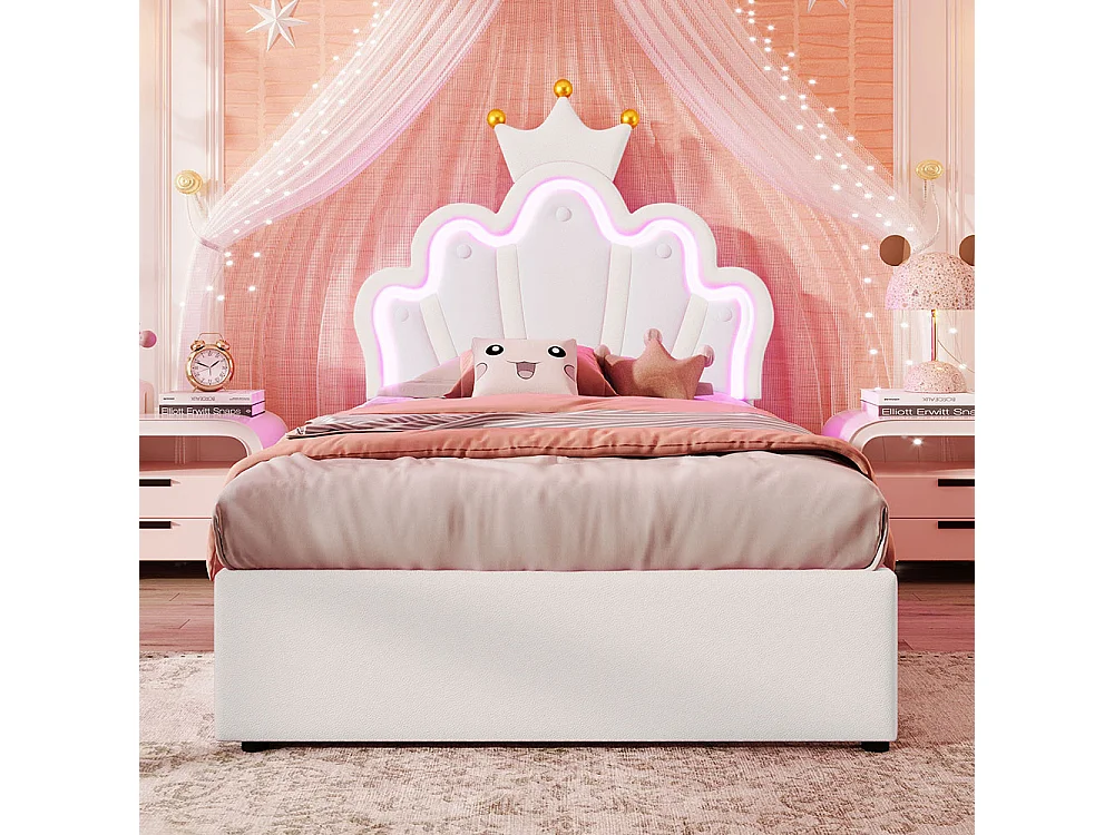 Gestoffeerd bed 90 x 200 cm, sfeerverlichting met afstandsbediening, bed met 2 laden, Crown princess bed, verstelbaar hoofdeinde, PU, wit