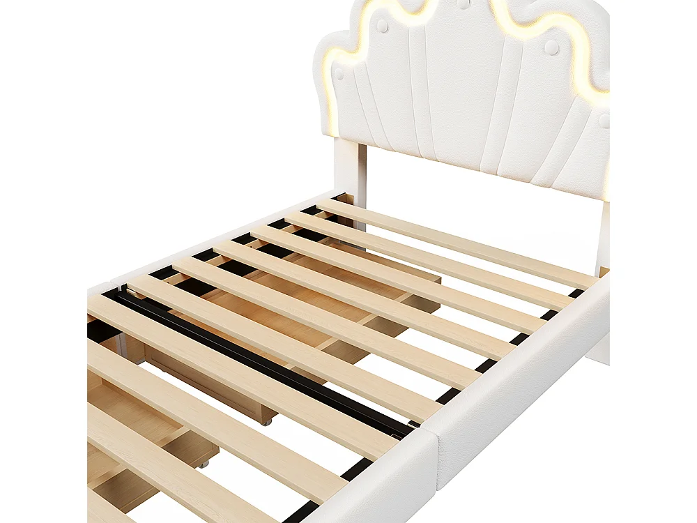 Gestoffeerd bed 90 x 200 cm, sfeerverlichting met afstandsbediening, bed met 2 laden, Crown princess bed, verstelbaar hoofdeinde, PU, wit