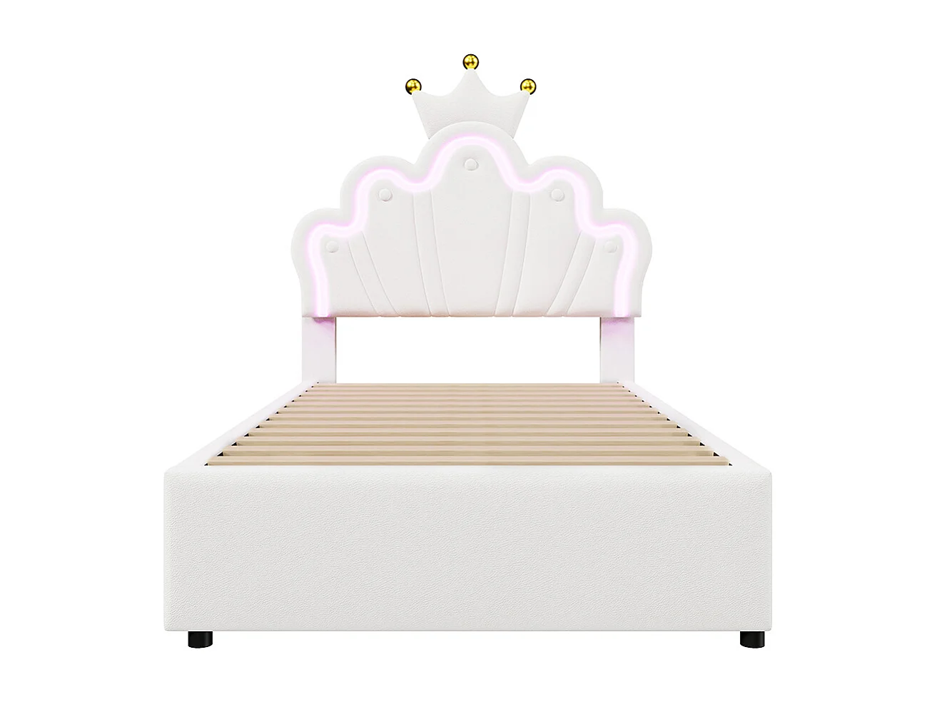 Gestoffeerd bed 90 x 200 cm, sfeerverlichting met afstandsbediening, bed met 2 laden, Crown princess bed, verstelbaar hoofdeinde, PU, wit