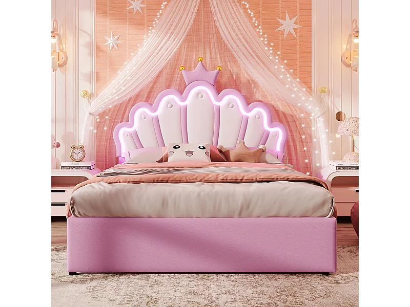 Lit rembourré 140 x 200 cm, sans matelas, éclairage d'ambiance à distance, lit avec 2 tiroirs, lit princesse couronné, tête de lit réglable, PU, rose