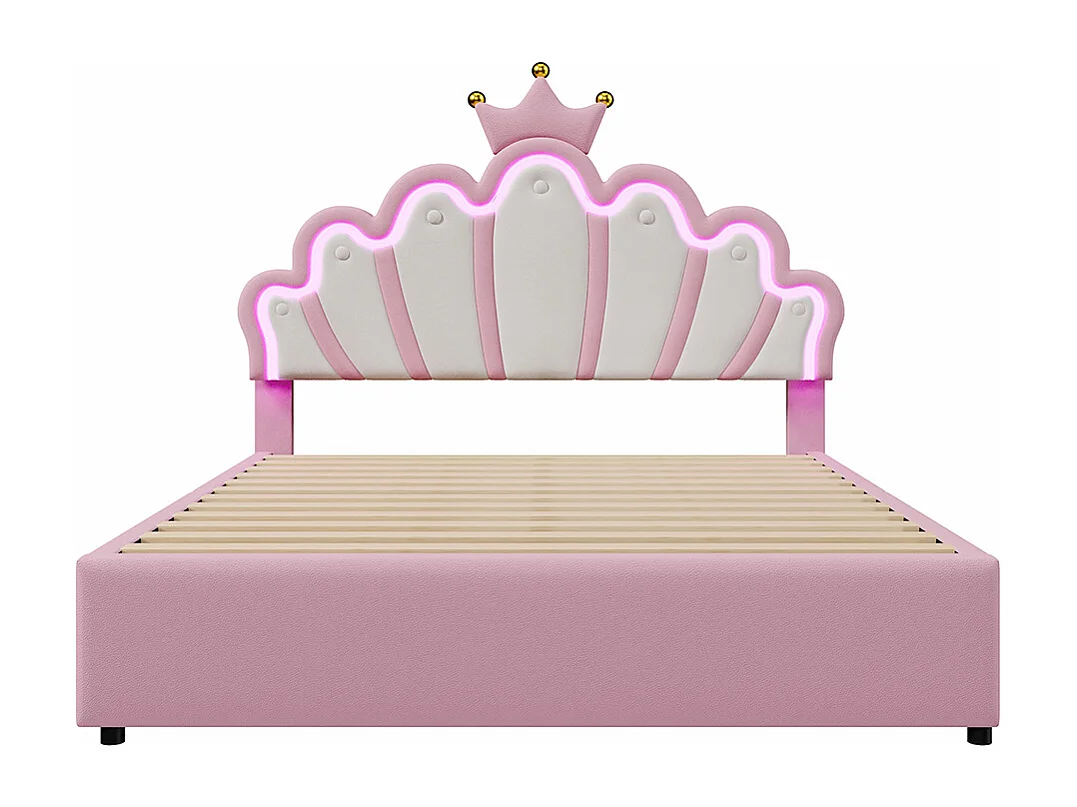 Gestoffeerd bed 140 x 200 cm, zonder matras, sfeerverlichting met afstandsbediening, bed met 2 laden, Crown princess bed, verstelbaar hoofdbord, PU, roze