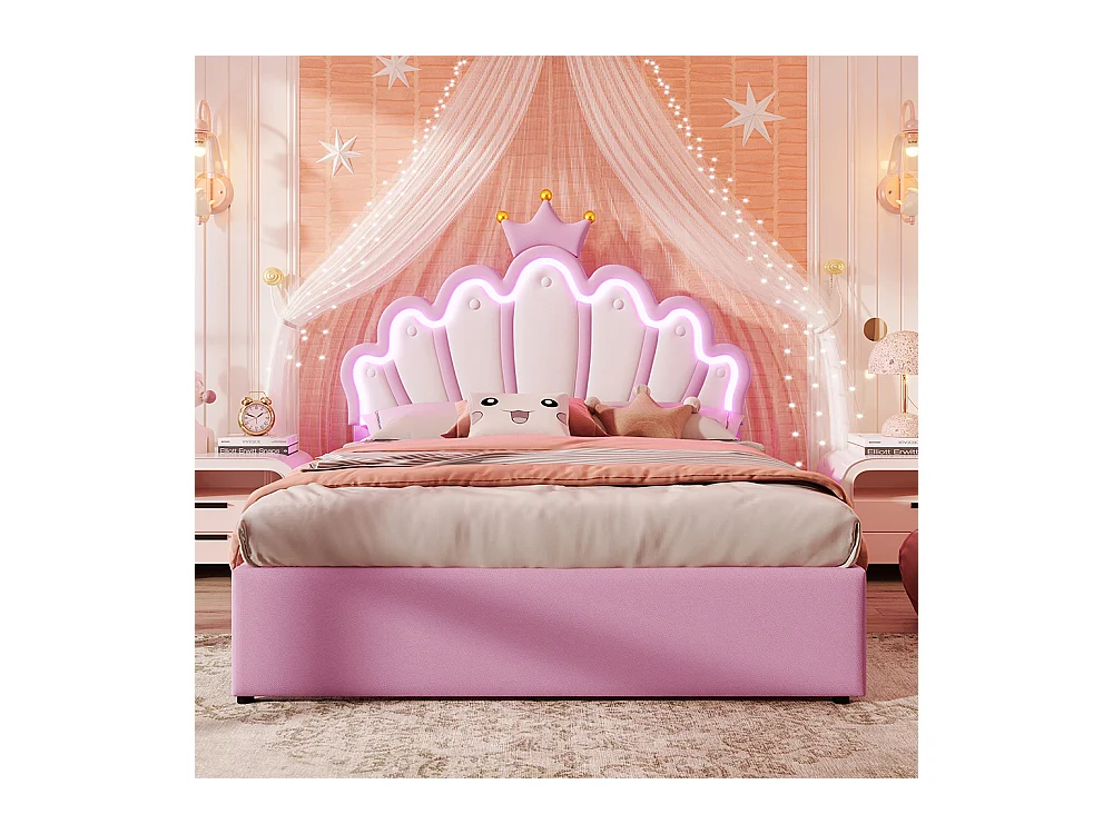 Lit rembourré 140 x 200 cm, sans matelas, éclairage d'ambiance à distance, lit avec 2 tiroirs, lit princesse couronné, tête de lit réglable, PU, rose