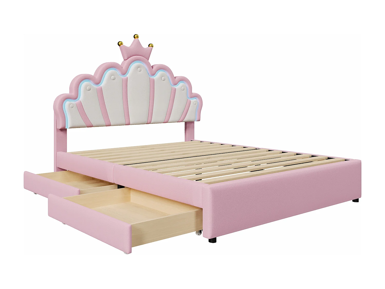 Lit d'enfant 140 x 200 cm, lumière d'ambiance, avec 2 tiroirs, forme couronne, tête de lit réglable, PU, rose