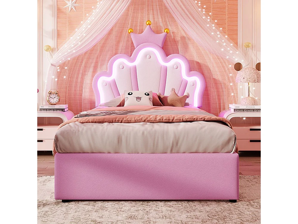 Lit capitonné 90 x 200 cm, éclairage d'ambiance à distance, lit avec 2 tiroirs, lit princesse Crown, tête de lit réglable, PU, rose