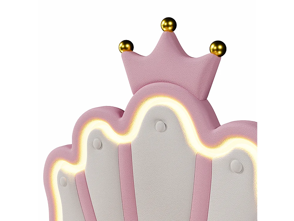 Lit capitonné 90 x 200 cm, éclairage d'ambiance à distance, lit avec 2 tiroirs, lit princesse Crown, tête de lit réglable, PU, rose