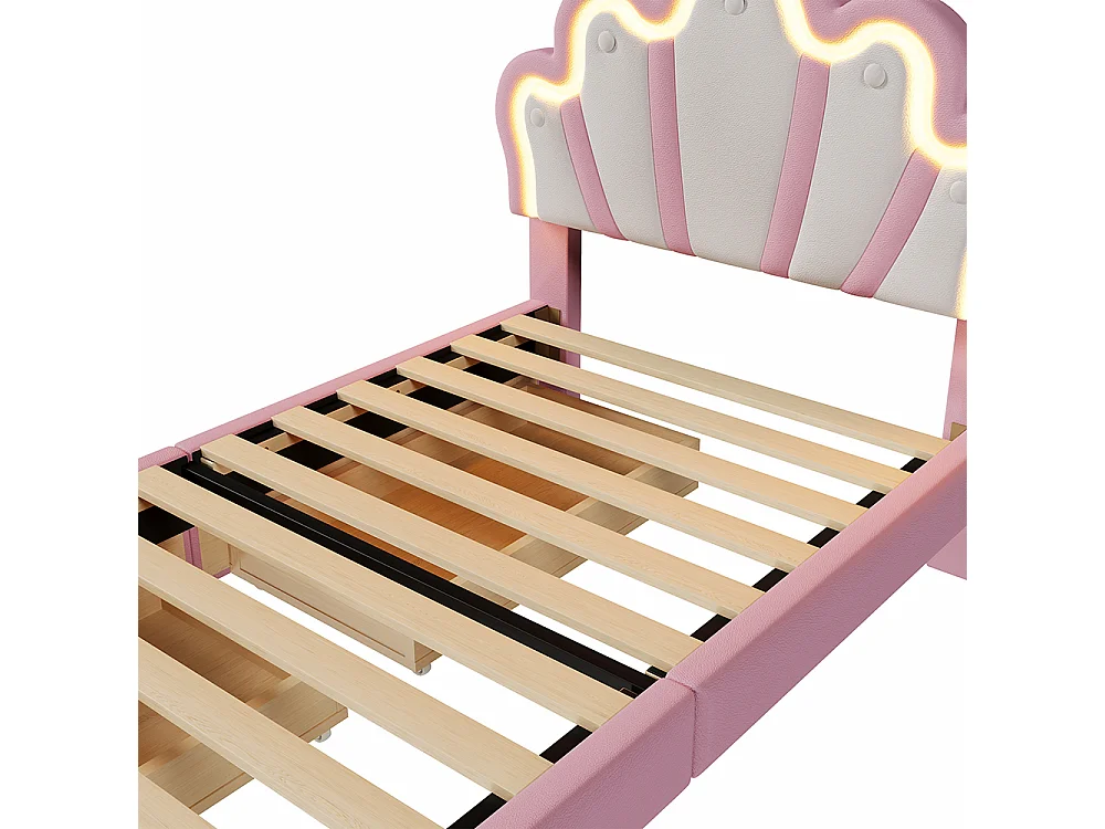 Lit capitonné 90 x 200 cm, éclairage d'ambiance à distance, lit avec 2 tiroirs, lit princesse Crown, tête de lit réglable, PU, rose