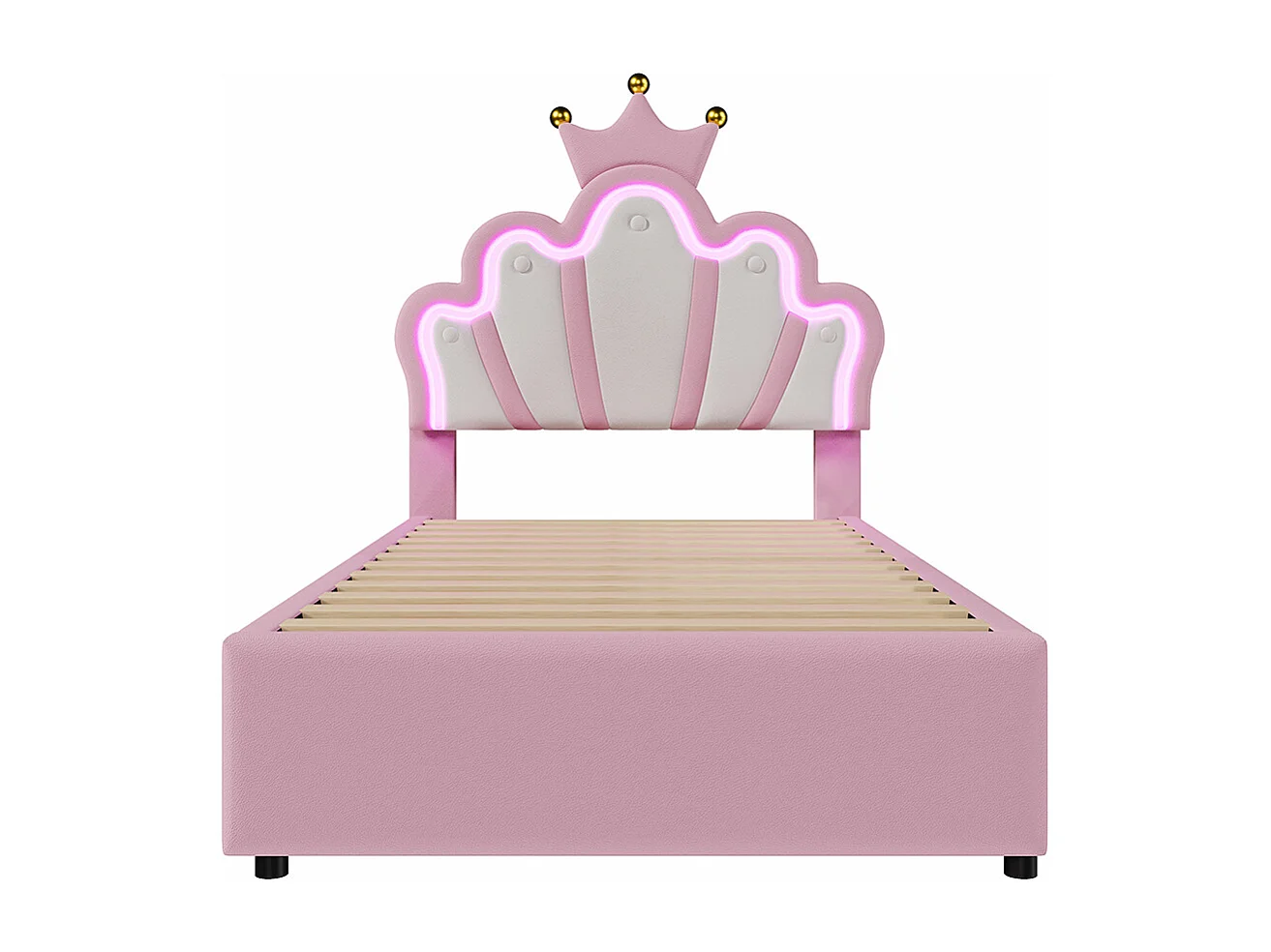 Lit capitonné 90 x 200 cm, éclairage d'ambiance à distance, lit avec 2 tiroirs, lit princesse Crown, tête de lit réglable, PU, rose