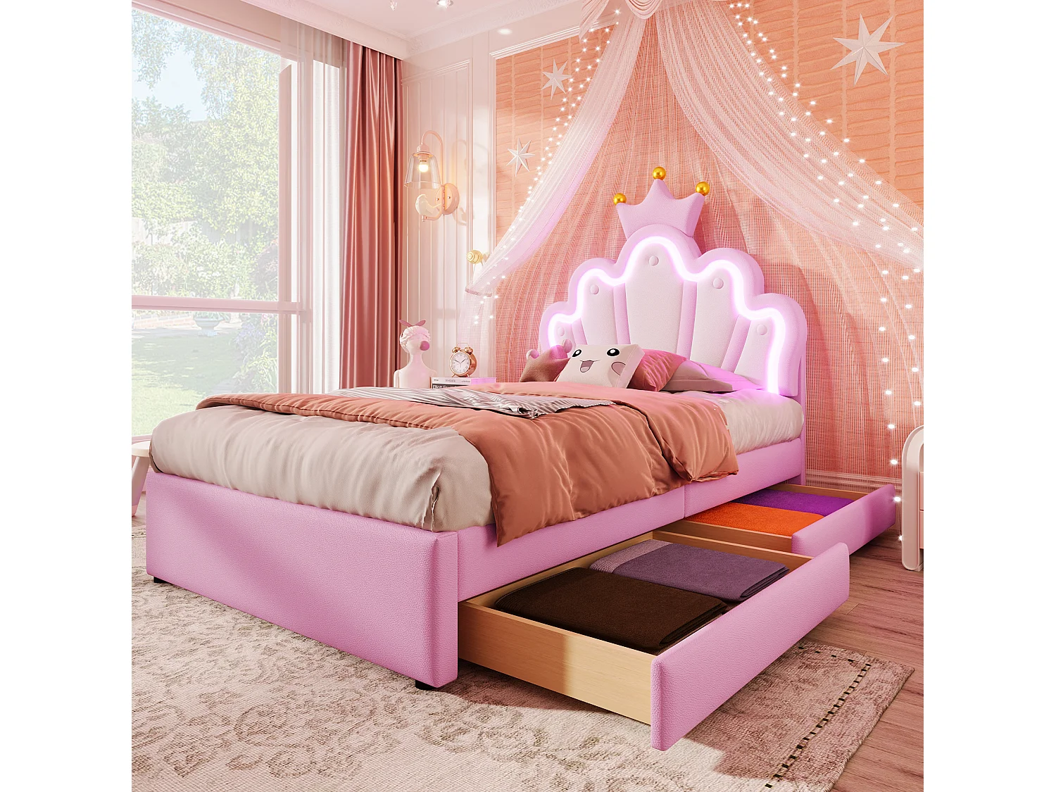 Kinderbett 90 x 200 cm, Stimmungslicht, mit 2 Schubladen, Kronenform, verstellbares Kopfteil, PU, rosa