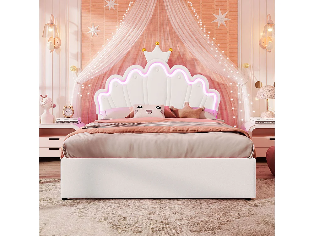 Cama tapizada 140 x 200 cm, sin colchón, iluminación ambiental a distancia, cama con 2 cajones, cama princesa coronada, cabecero regulable, PU, blanco