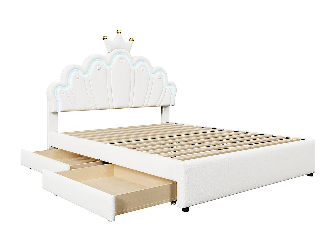 Cama tapizada 140 x 200 cm, sin colchón, iluminación ambiental a distancia, cama con 2 cajones, cama princesa coronada, cabecero regulable, PU, blanco