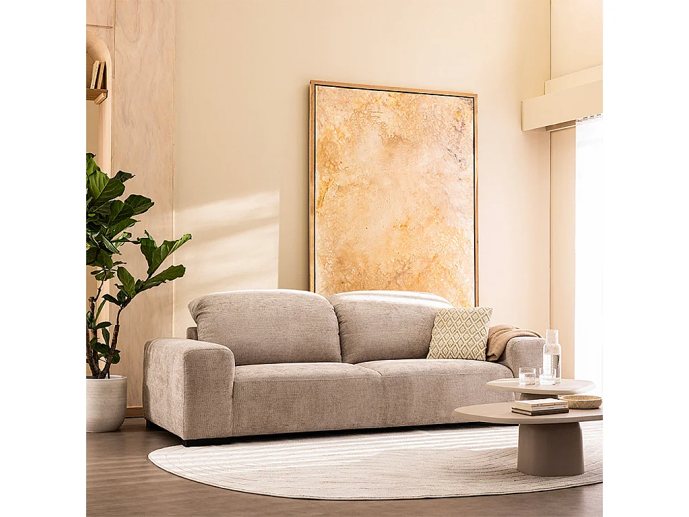 Sam - Canapé 3 places avec têtières réglables en tissu chenille - Écru