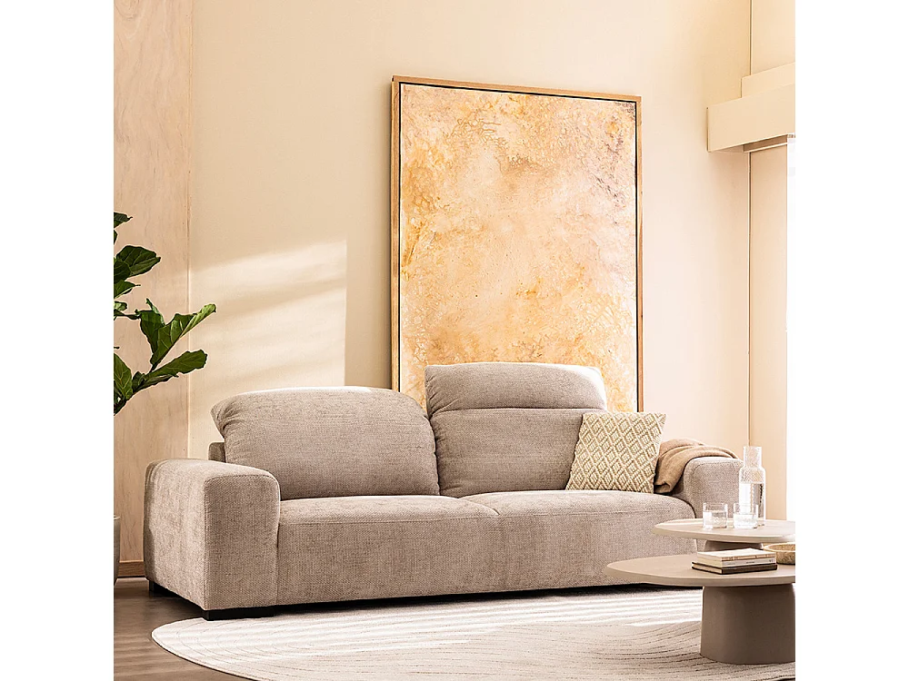 Sam - Canapé 3 places avec têtières réglables en tissu chenille - Écru