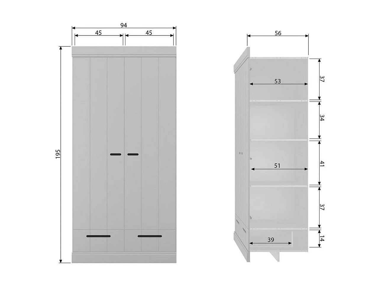 Connect - Armoire en pin 2 portes 2 tiroirs - Gris clair