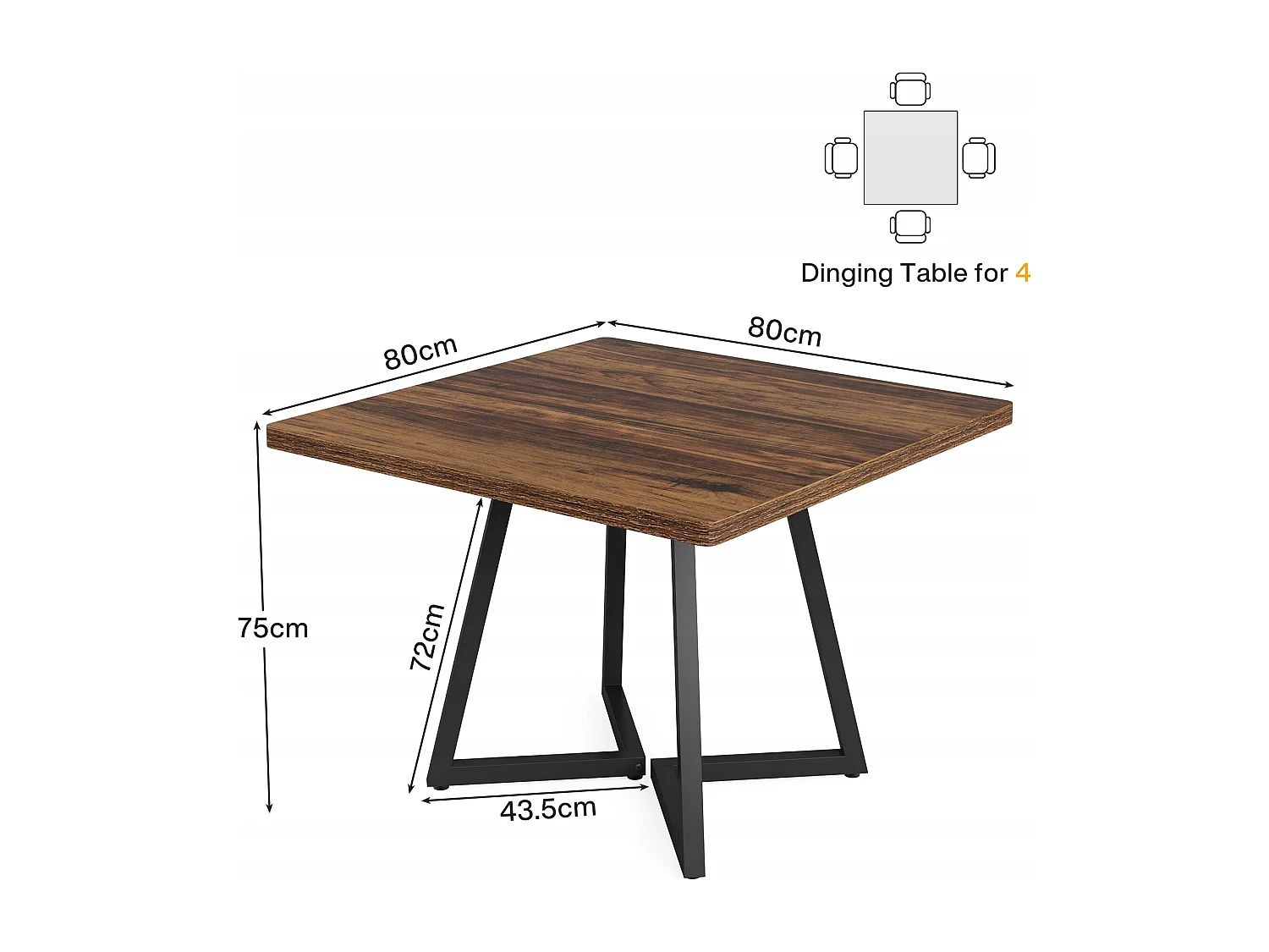 Tavolo da cucina per 4 persone, piccolo tavolo da pranzo con gambe in metallo in stile industriale, 80 x 80 x 75 cm