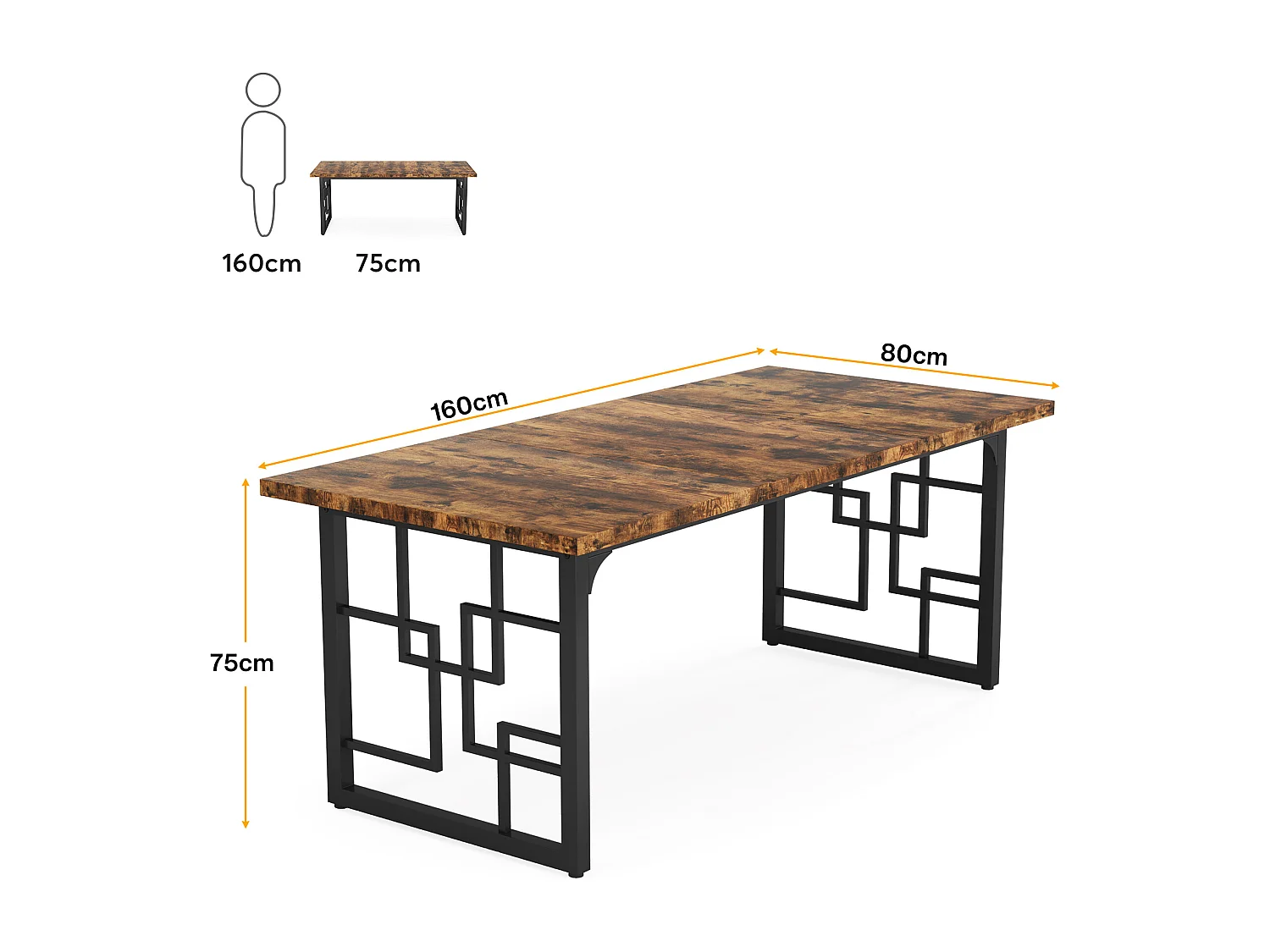 Tavolo da pranzo industriale 160 x 80 cm, tavolo da cucina per 6-8 persone, tavolo da pranzo rettangolare per sala da pranzo, cucina, soggiorno, marrone rustico