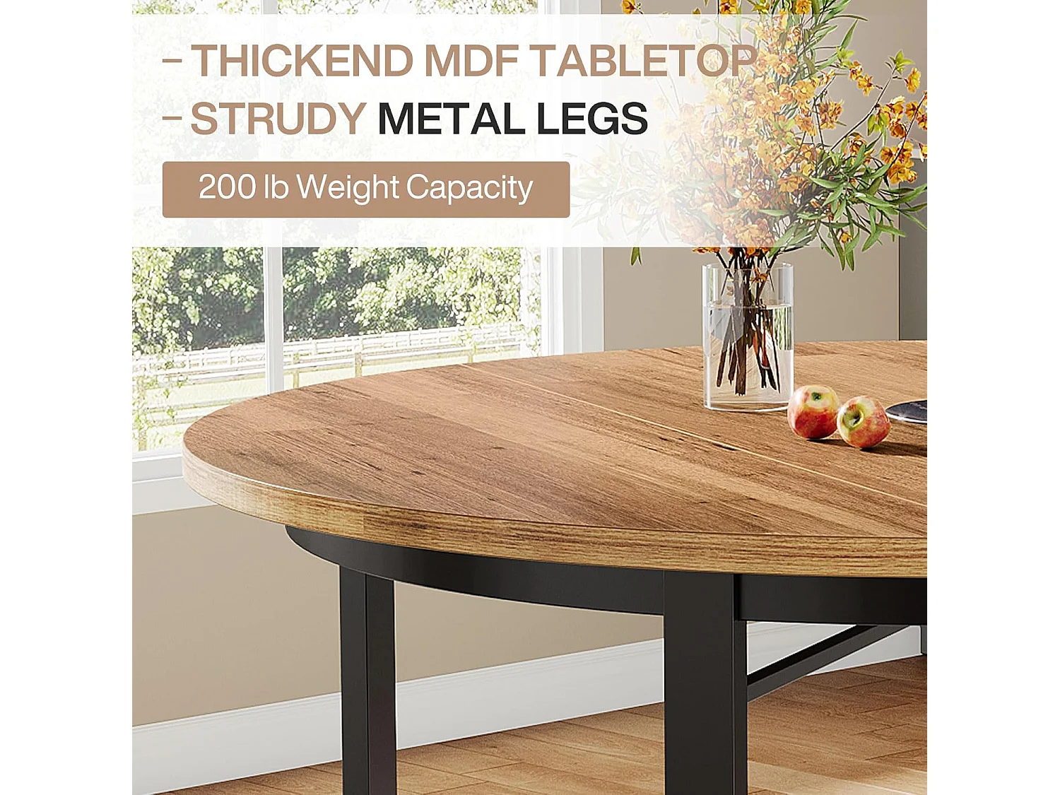 Ronde eettafel voor 4-6 personen, 120 cm, keukentafel met massief metalen poten, ronde eettafel