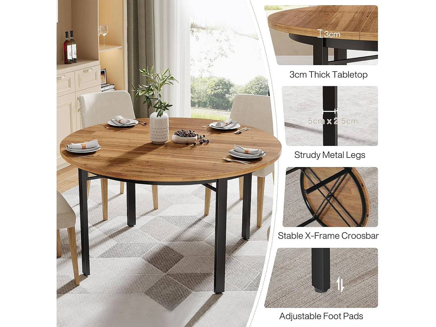 Ronde eettafel voor 4-6 personen, 120 cm, keukentafel met massief metalen poten, ronde eettafel