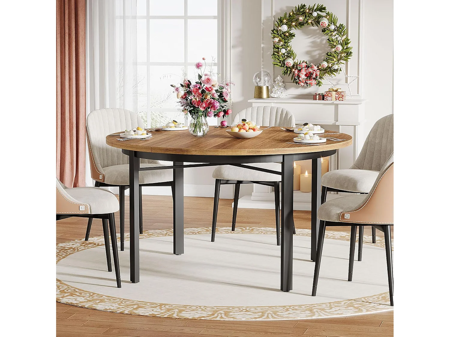 Ronde eettafel voor 4-6 personen, 120 cm, keukentafel met massief metalen poten, ronde eettafel