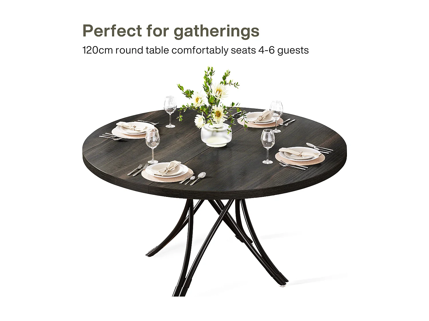 Table de salle à manger ronde, table de cuisine ronde, table de salle à manger moderne en bois avec pieds croisés en métal robustes, noir