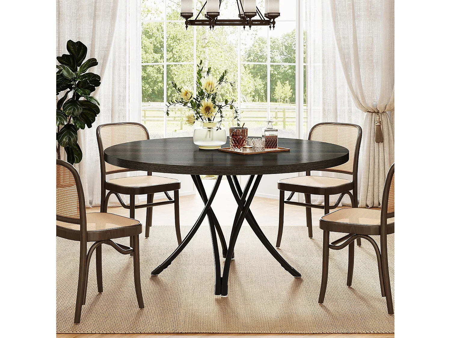 Table de salle à manger ronde, table de cuisine ronde, table de salle à manger moderne en bois avec pieds croisés en métal robustes, noir