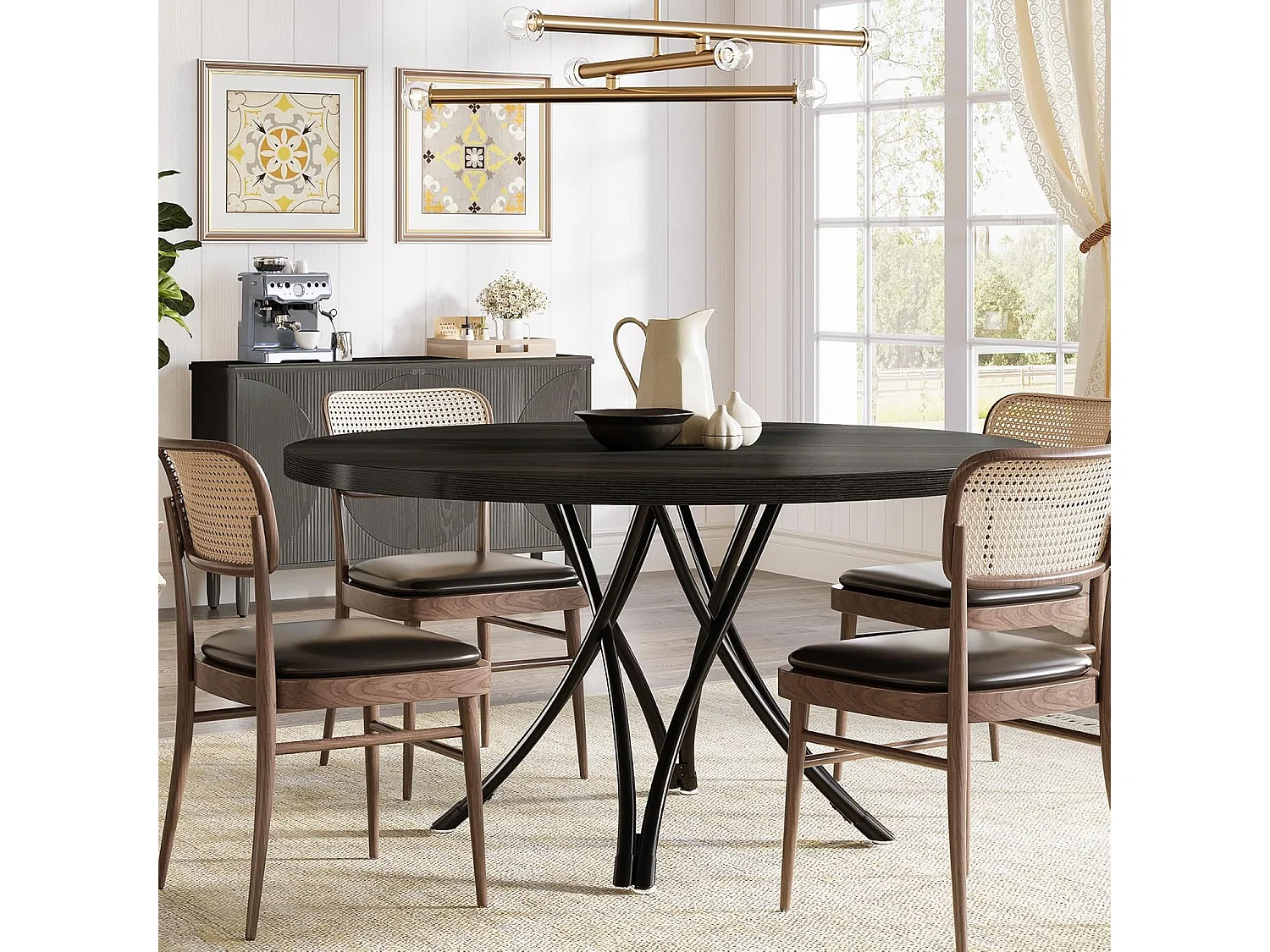 Table de salle à manger ronde, table de cuisine ronde, table de salle à manger moderne en bois avec pieds croisés en métal robustes, noir