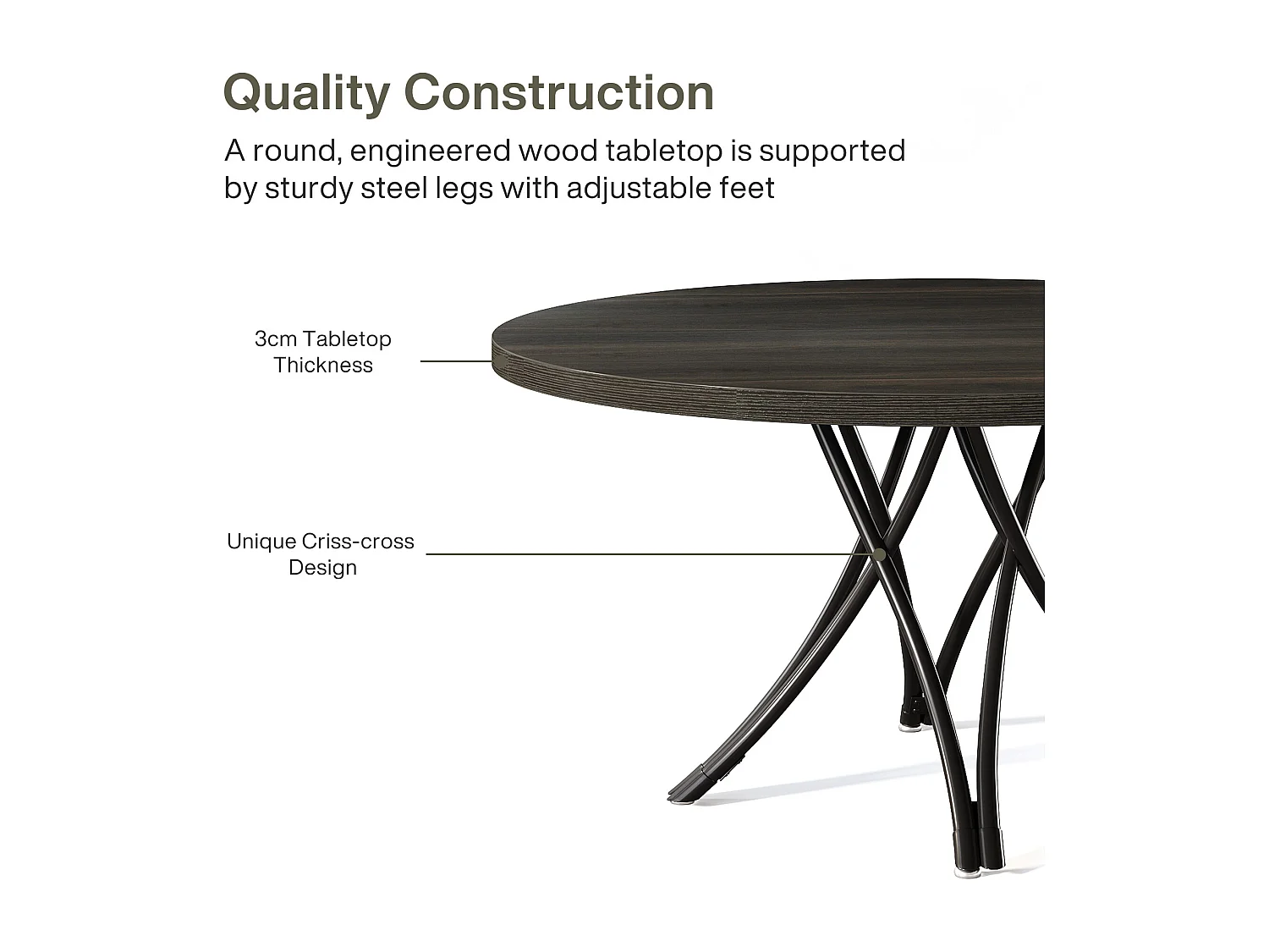 Table de salle à manger ronde, table de cuisine ronde, table de salle à manger moderne en bois avec pieds croisés en métal robustes, noir
