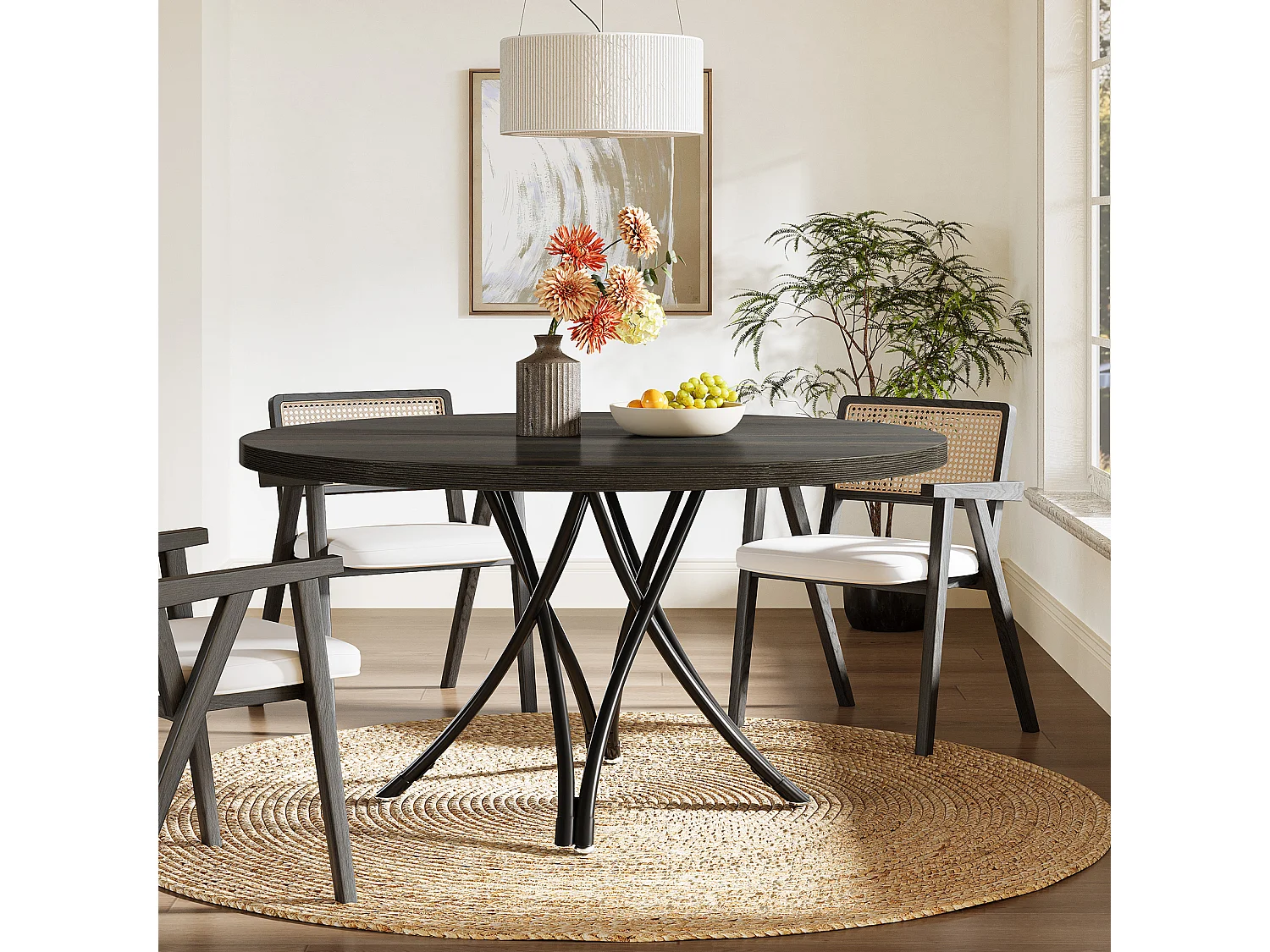 Table de salle à manger ronde, table de cuisine ronde, table de salle à manger moderne en bois avec pieds croisés en métal robustes, noir