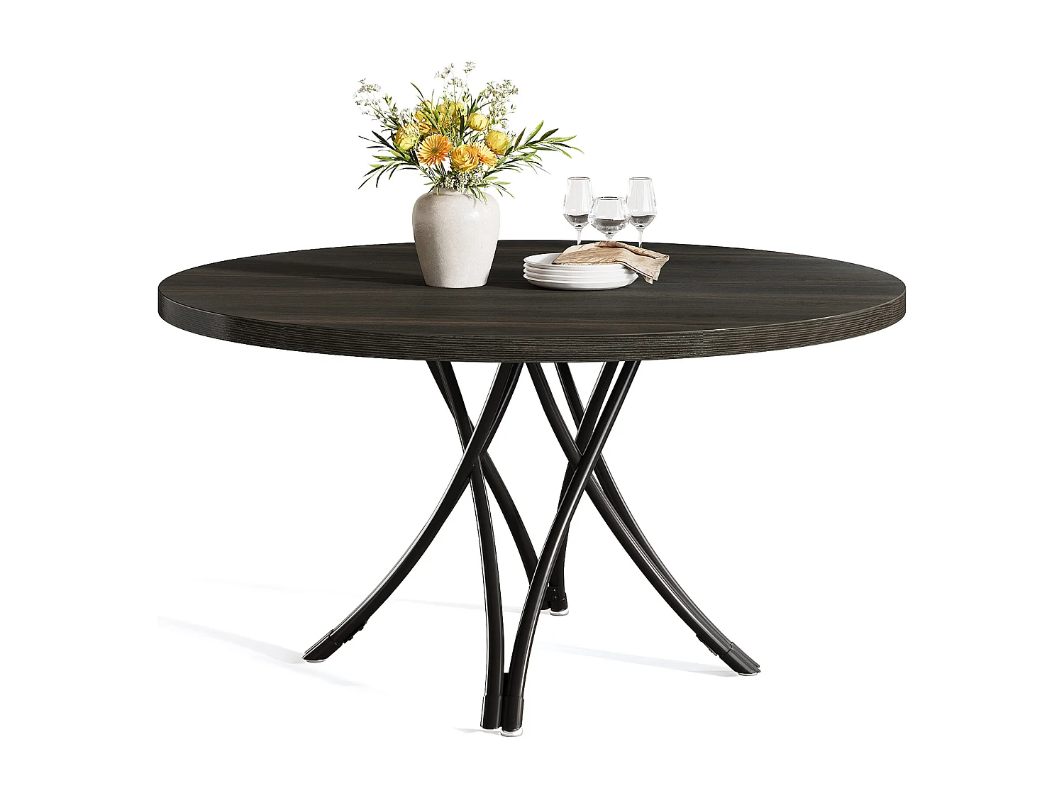 Table de salle à manger ronde, table de cuisine ronde, table de salle à manger moderne en bois avec pieds croisés en métal robustes, noir